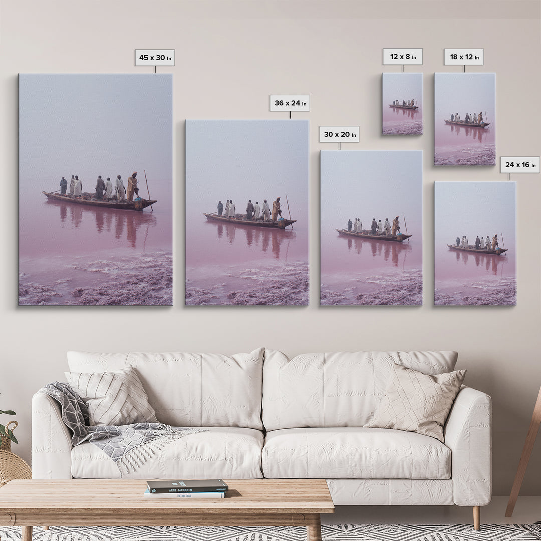 Misty Pink Lake Boat Canvas Print, African Fishermen Wall Art Decor, Minimalist Pastel Landscape, Serene Living Room Art