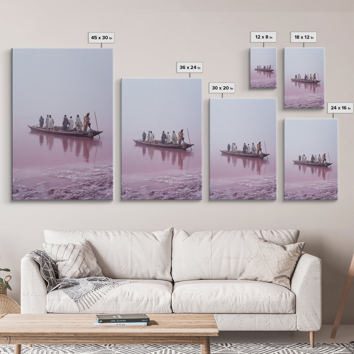 Misty Pink Lake Boat Canvas Print, African Fishermen Wall Art Decor, Minimalist Pastel Landscape, Serene Living Room Art