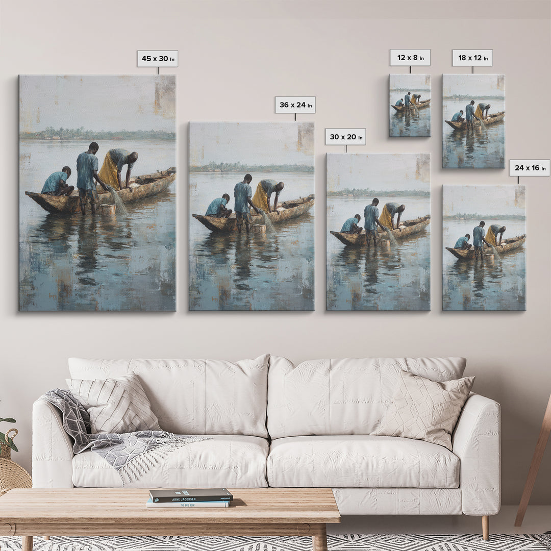 Fishermen Washing Nets By Canoe Wall Art, African Painting Canvas Decor, Cultural River Scene, Rustic Living Room Home Decor Gift