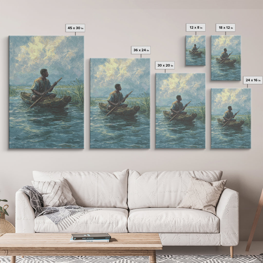 Solitary Canoe Fisherman Under Clouds Wall Art, African Landscape Print, Blue Green Nature Scene, Peaceful Canvas Home Decor