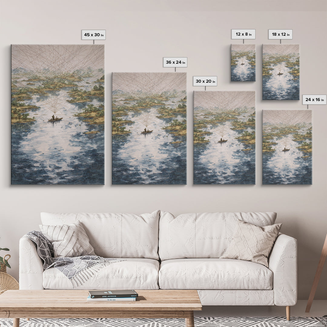 River Delta Boat And Map Lines Framed Canvas Print, African Landscape Wall Decor, Geometric Travel Art, Statement Home Decor