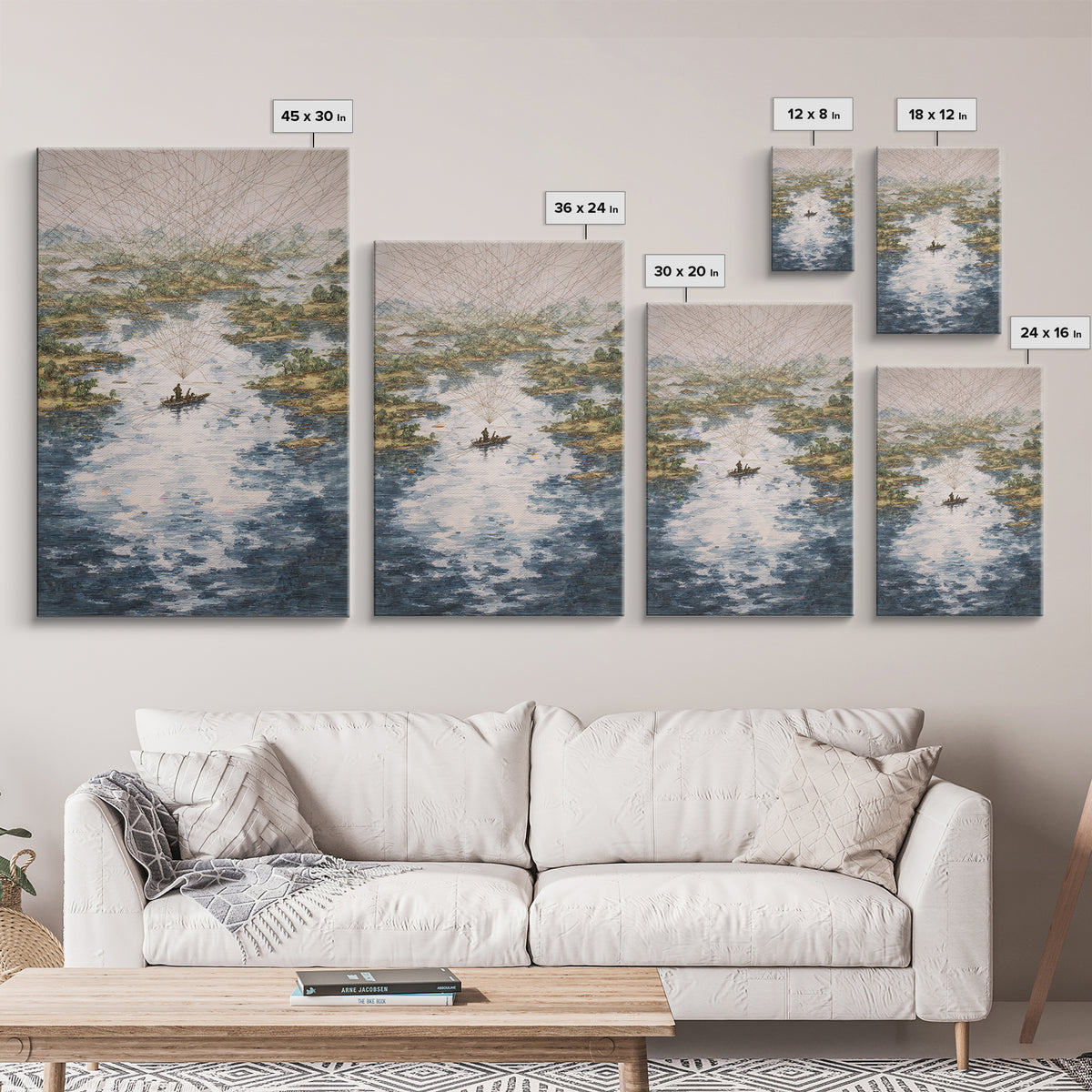 River Delta Boat And Map Lines Framed Canvas Print, African Landscape Wall Decor, Geometric Travel Art, Statement Home Decor