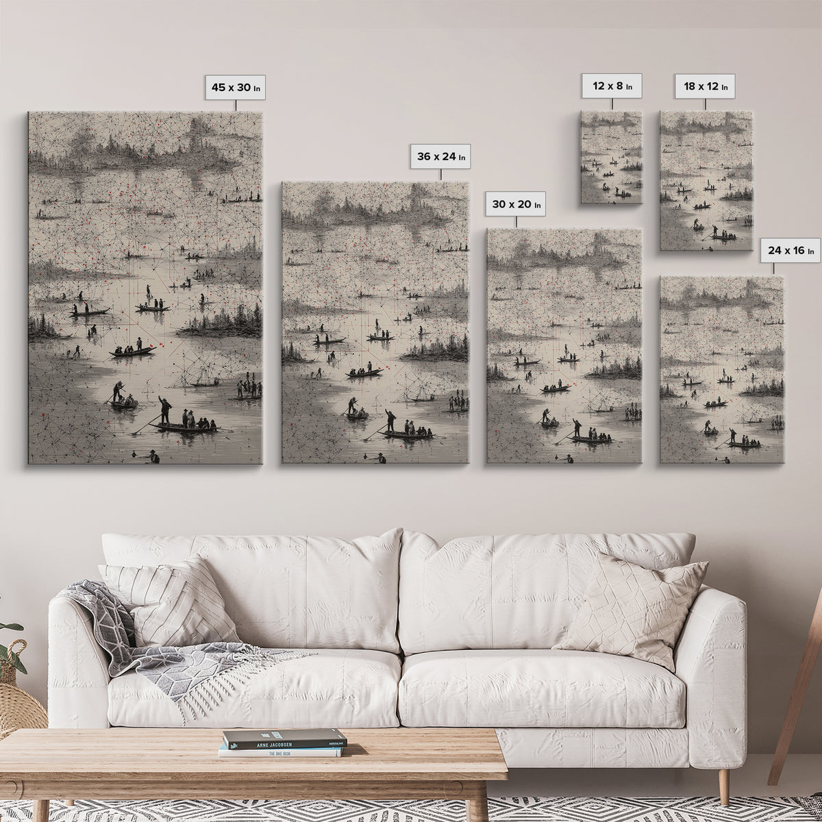 Monochrome River Boats With Red Lines Wall Art, African Landscape Print, Abstract Map Network, Cultural Gallery Home Decor