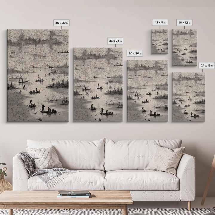 Monochrome River Boats With Red Lines Wall Art, African Landscape Print, Abstract Map Network, Cultural Gallery Home Decor