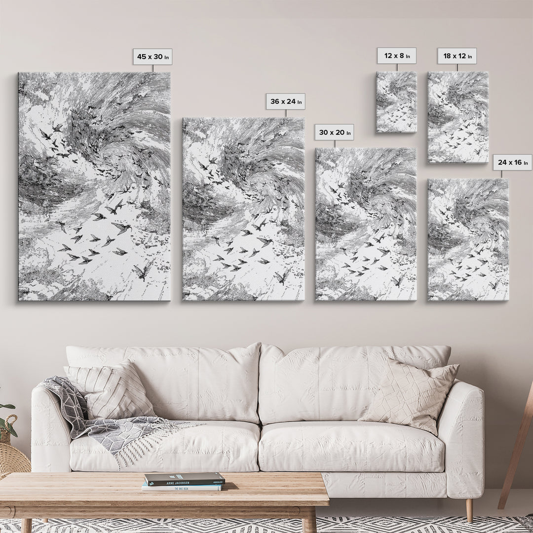 Black And White Bird Flock Storm Wall Art, Abstract African Inspired Nature Sketch, Minimalist Canvas Decor, Modern Office Gift
