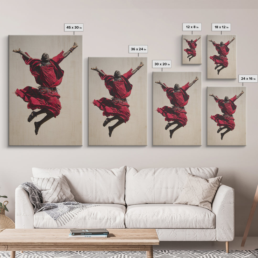 Joyful Maasai Dancer Leaping In Red Framed Canvas Print, African Warrior Art, Cultural Portrait, Bold Living Room Decor Gift