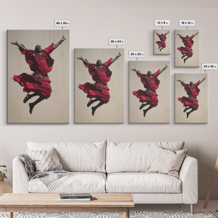 Joyful Maasai Dancer Leaping In Red Framed Canvas Print, African Warrior Art, Cultural Portrait, Bold Living Room Decor Gift