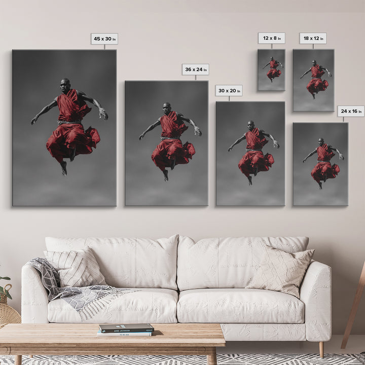Floating Maasai Warrior In Red Robes Canvas Print, African Portrait Photography, Black Art Decor, Modern Cultural Wall Art