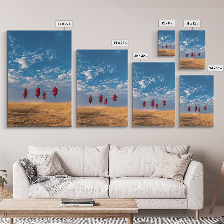 Four Maasai Warriors Jumping Over Savanna Wall Art, African Safari Art Print, Blue Sky Landscape, Cultural Home Decor Gift