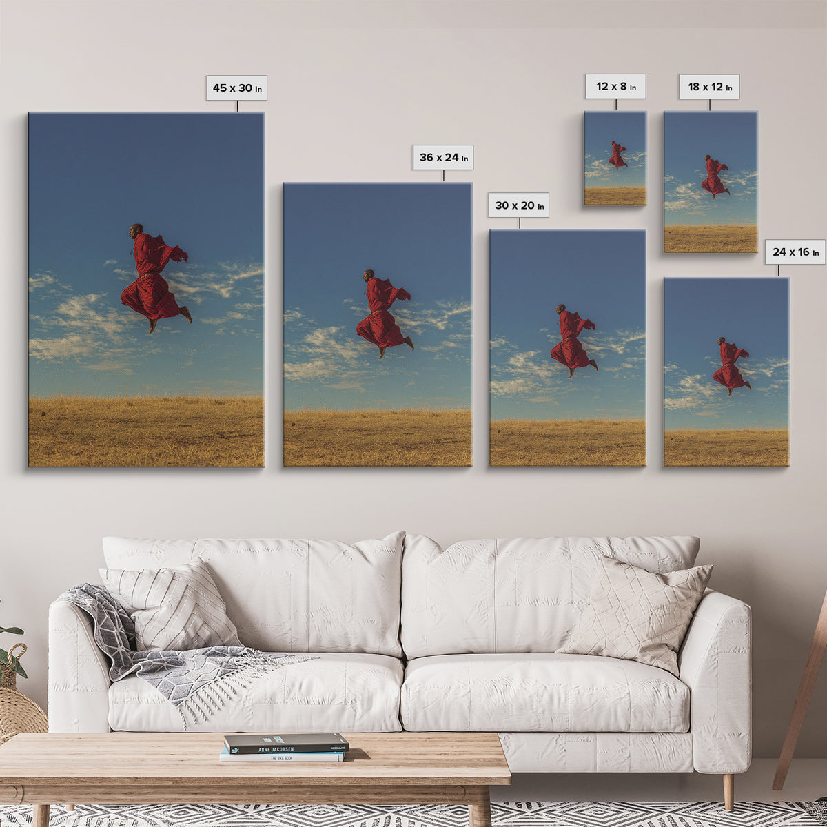 Solo Maasai Warrior Leaping Above Golden Grass Wall Art, African Safari Portrait, Red Robe Landscape, Cultural Decor Gift