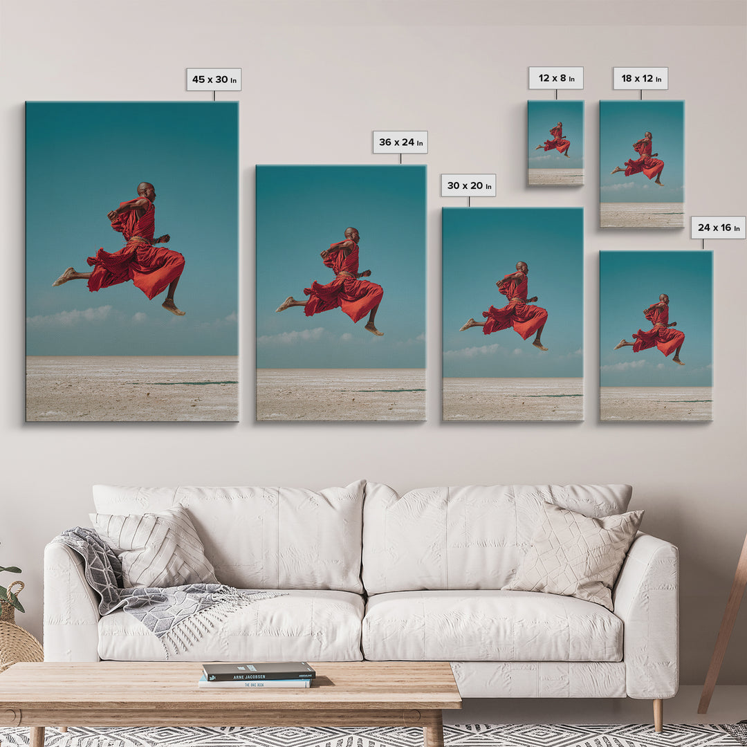 Leaping Maasai Warrior Canvas Print, African Wall Art, Red Robe Desert Photography, Tribal Decor For Living Room Wall Decor