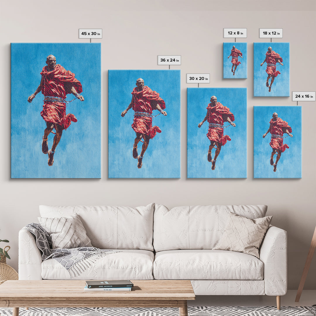 Painted Maasai Warrior Jump Wall Art, African Acrylic Art, Red Robe Tribal Portrait, Afrocentric Canvas Print Decor Gift