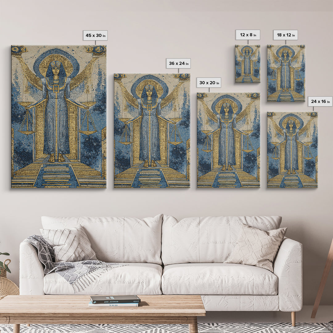 Egyptian Goddess Of Justice Wall Art, African Egyptian Art, Blue Gold Spiritual Canvas Print, Ancient Culture Home Decor Gift