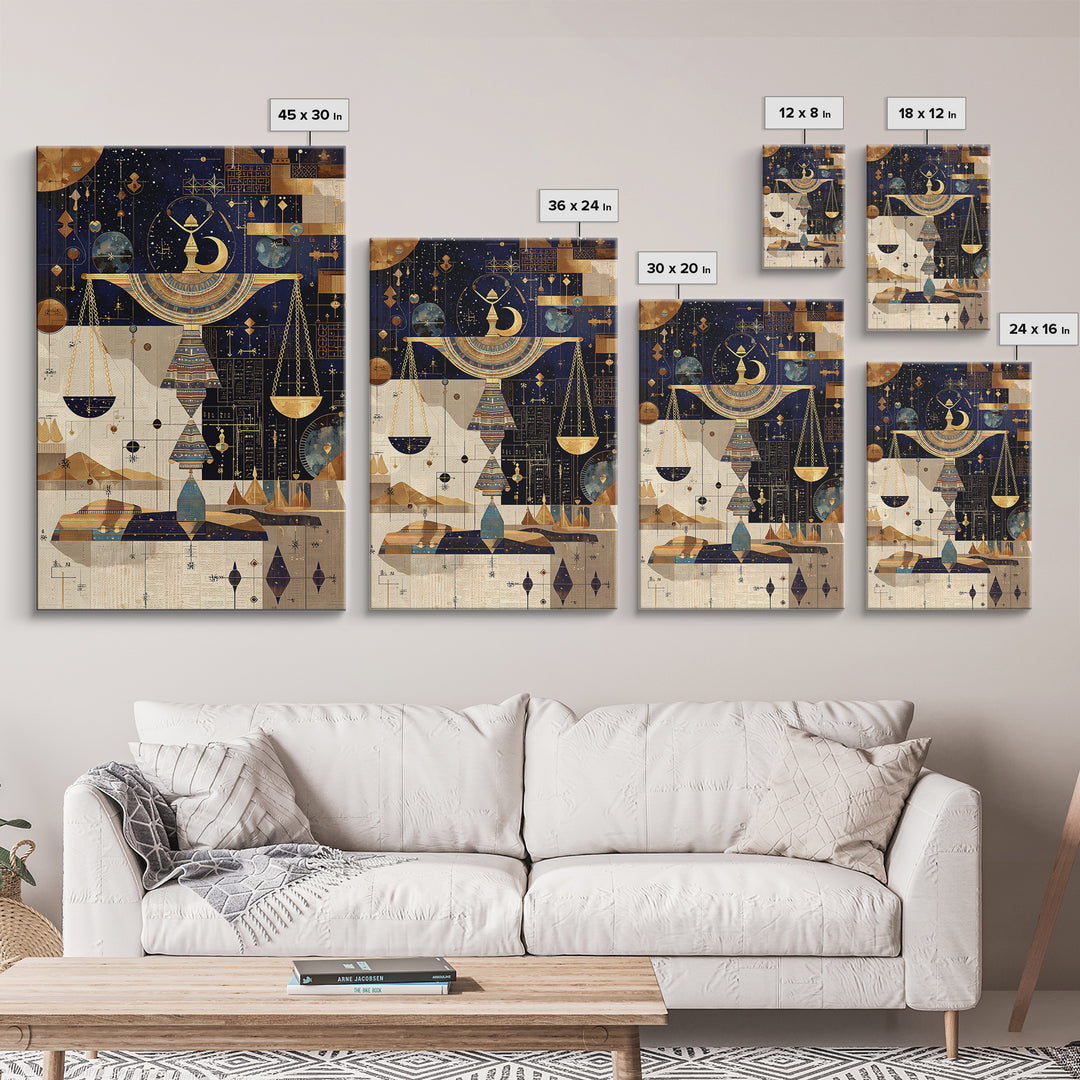 Celestial Egyptian Scales Wall Art, African Egyptian Art, Gold Black Mystical Canvas Print, Spiritual Home Decor Gift Idea