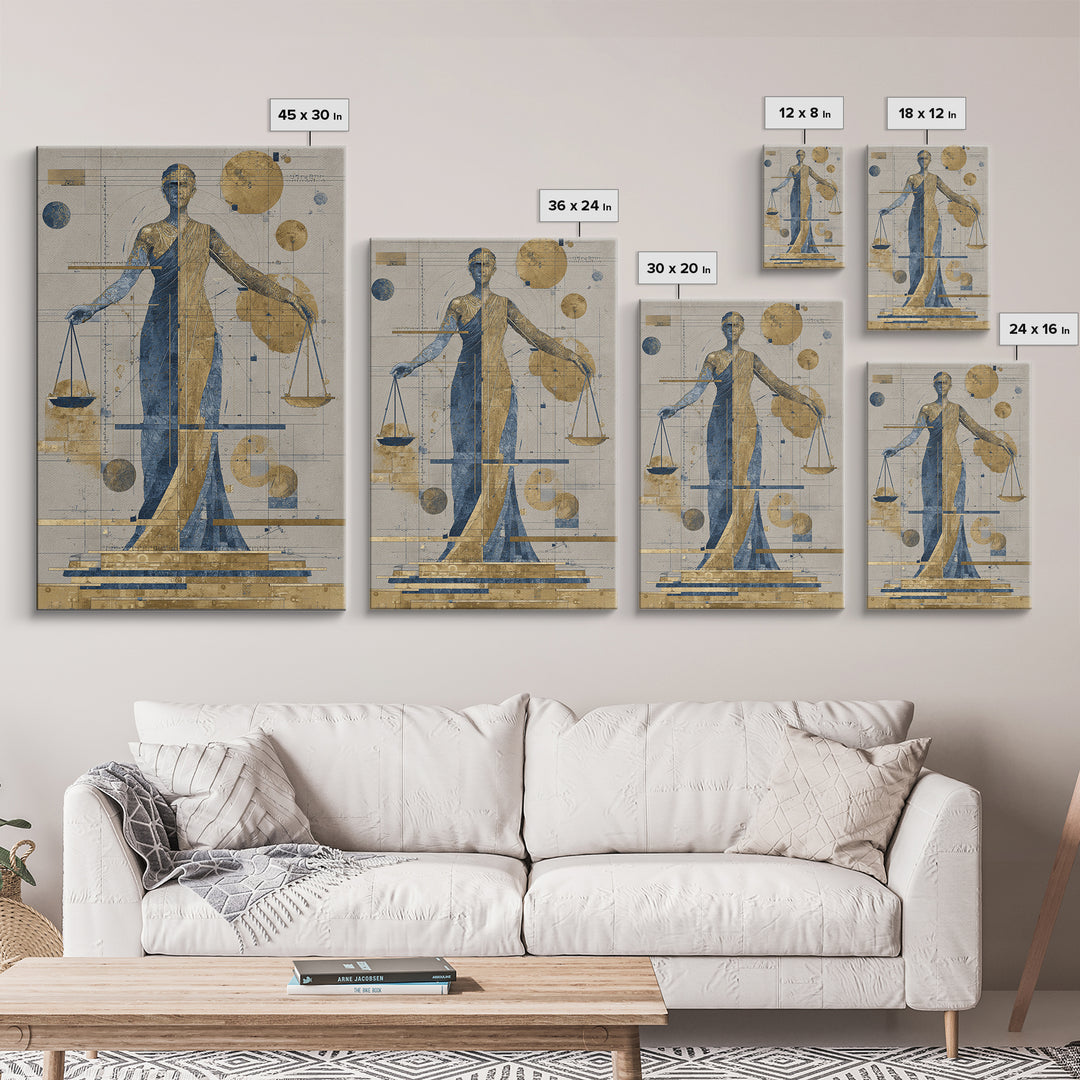 Blue Gold Lady Justice Goddess Canvas Print, Abstract African Wall Art, Modern Portrait Decor, Elegant Office Statement Piece