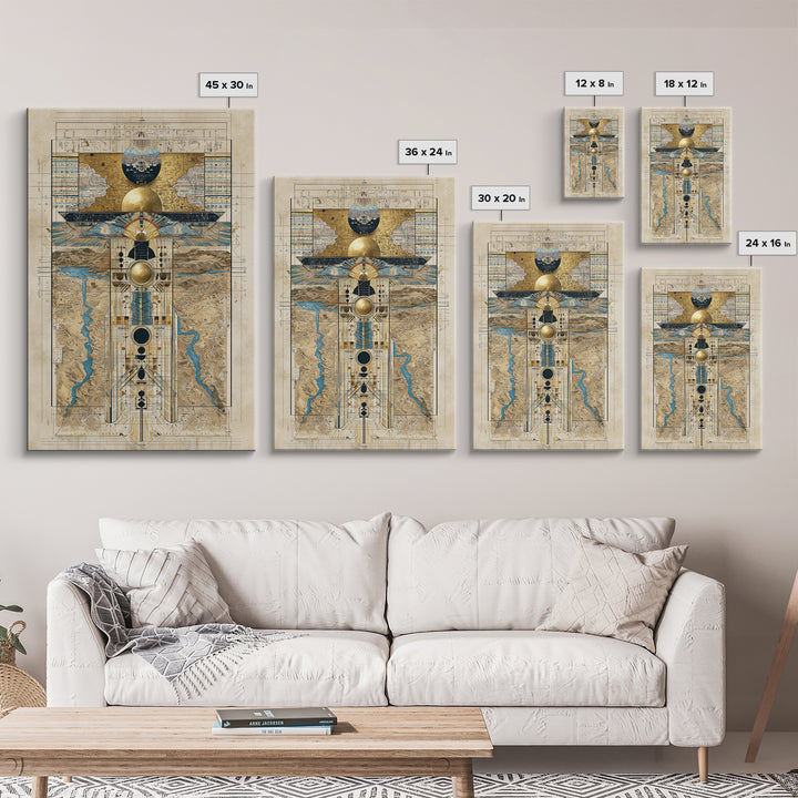 Egyptian Sacred Geometry Totem Canvas Print, African Egyptian Wall Art, Gold Blue Map Decor, Mystical Ancestral Poster Print
