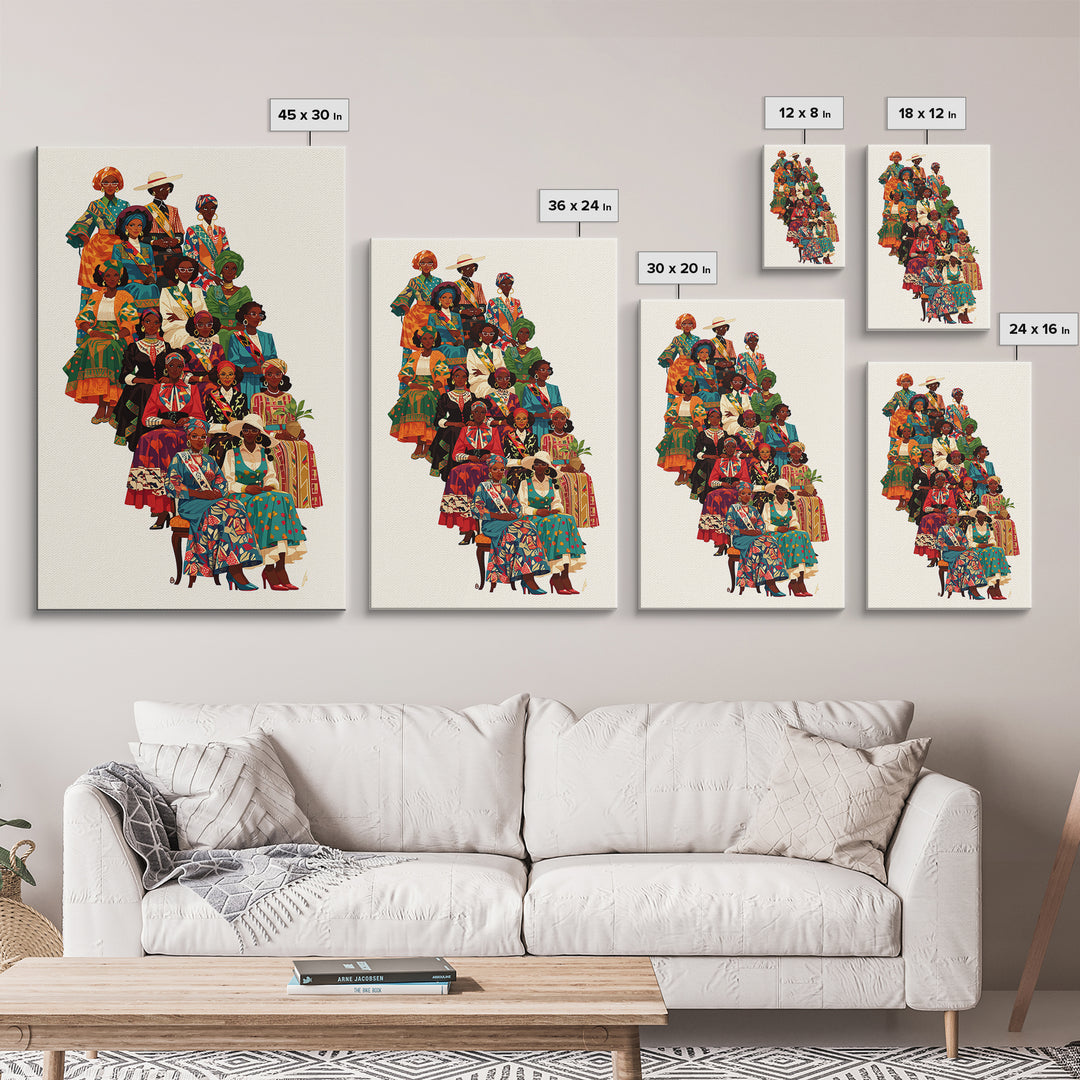 Elegant African Women Fashion Ensemble Framed Canvas Print, Ankara Wall Art, Black Queens Decor, Afrocentric Statement Gift