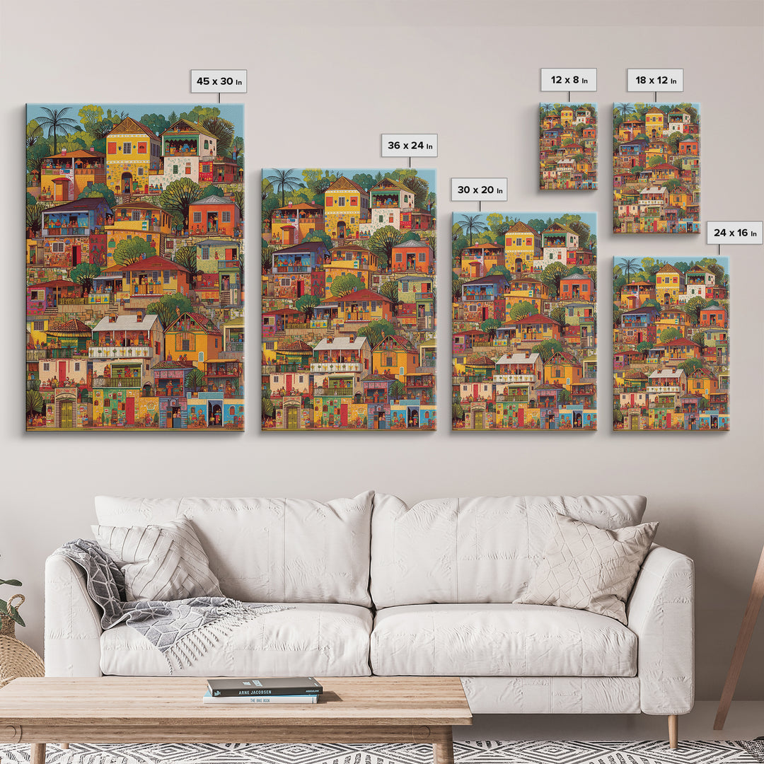 Colorful African Hillside Village Wall Art, Urban Home Scene Print, Tropical Architecture Decor, Vibrant Cultural Canvas
