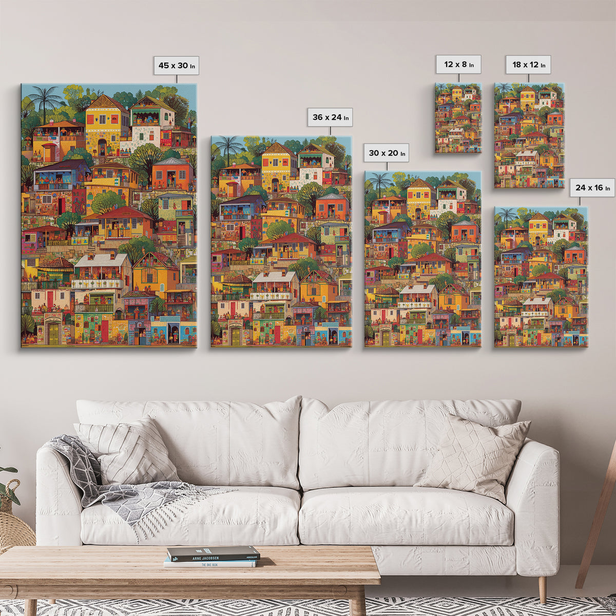 Colorful African Hillside Village Wall Art, Urban Home Scene Print, Tropical Architecture Decor, Vibrant Cultural Canvas