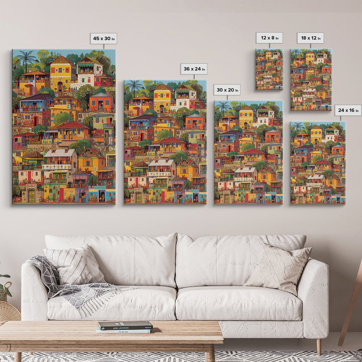 Colorful African Hillside Village Wall Art, Urban Home Scene Print, Tropical Architecture Decor, Vibrant Cultural Canvas