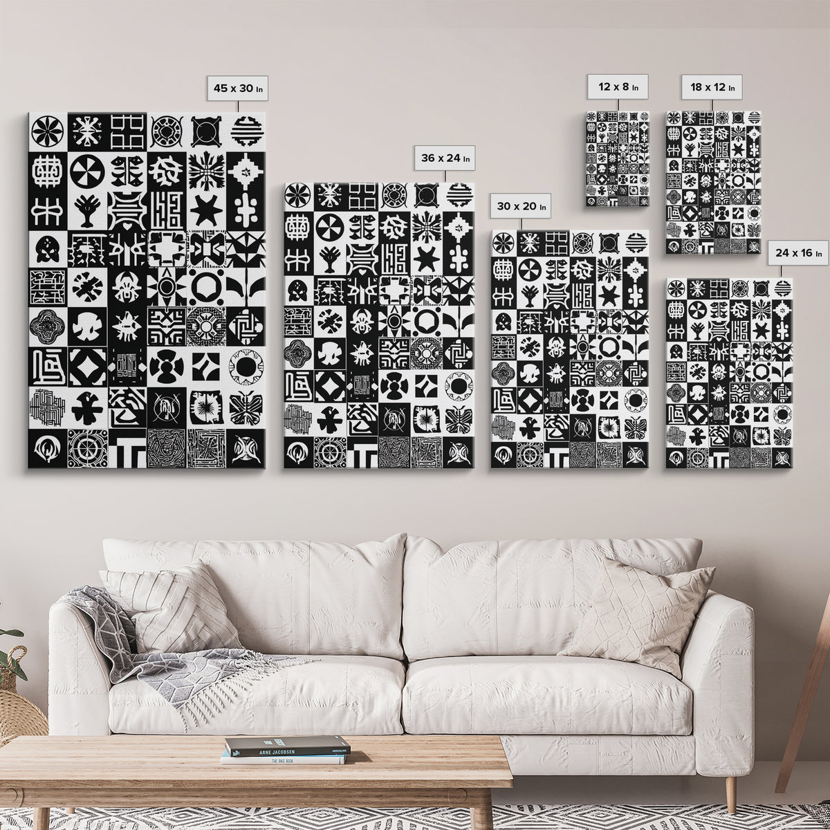 Black White African Symbols Wall Art, Adinkra Pattern Canvas Print, Tribal Art Decor, African Fabric Inspired Home Decor