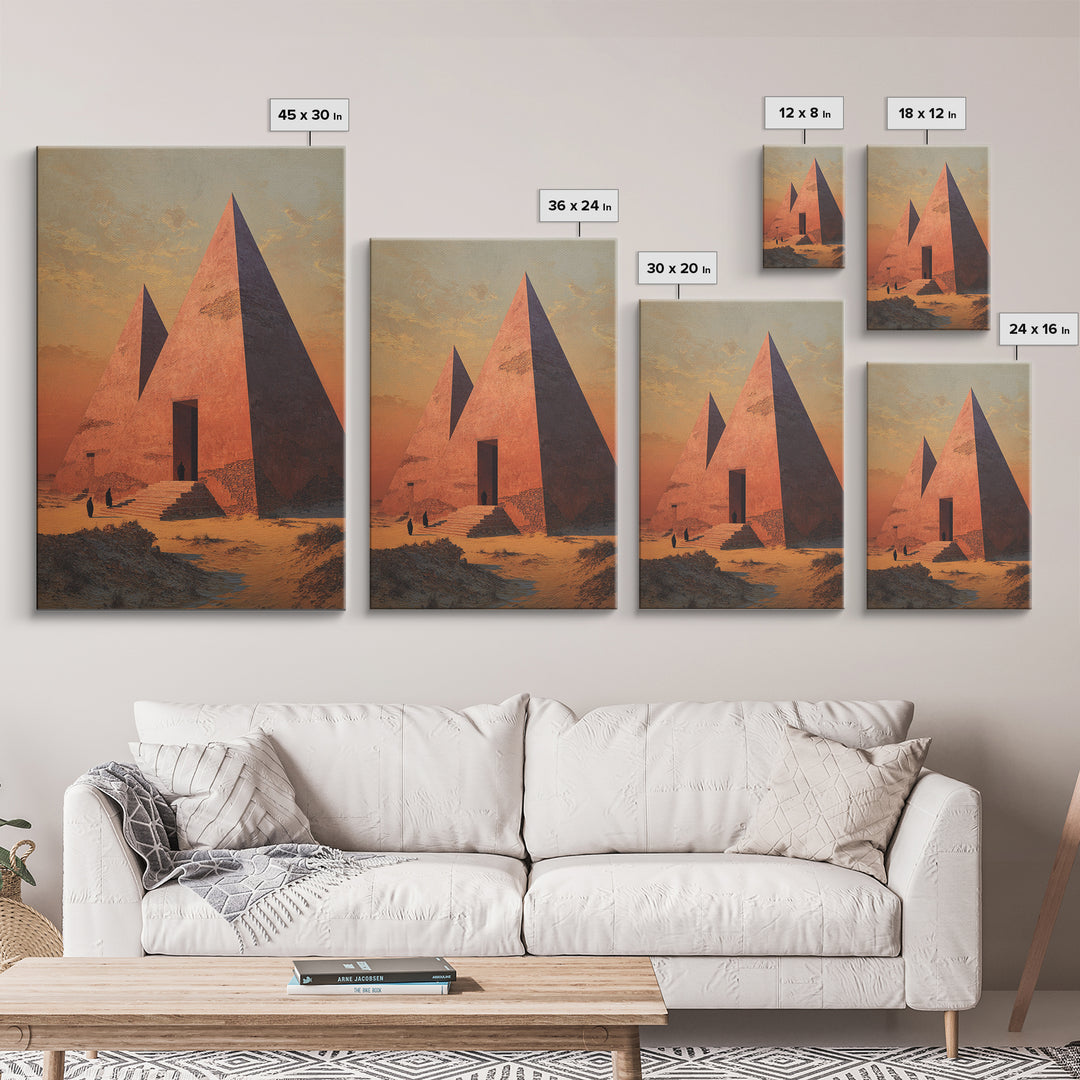 Sunset Egyptian Pyramids Framed Canvas Print, Ancient African Art, Desert Landscape Wall Decor, Cultural Home Decor Gift