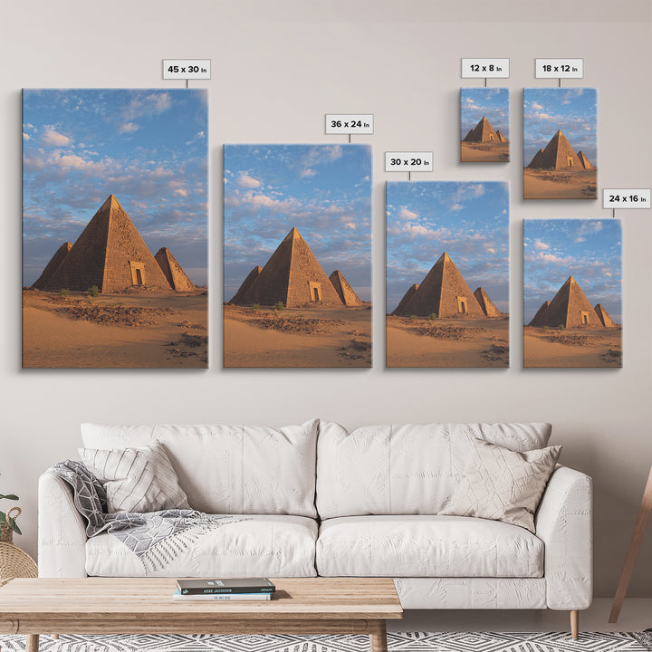 Nubian Pyramids Under Blue Sky Canvas Print, African Landscape, Sudan Travel Art, Desert Wall Decor, Ready To Hang Home Decor Art