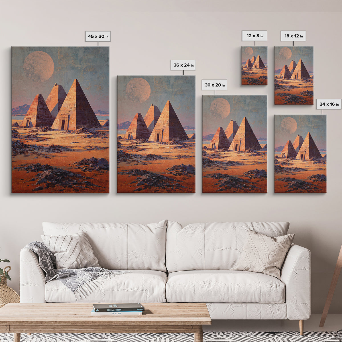 Moonlit Nubian Pyramids Framed Canvas Print, African Egyptian Art, Mystical Desert Wall Decor, Cultural Artwork, Home Decor Gift