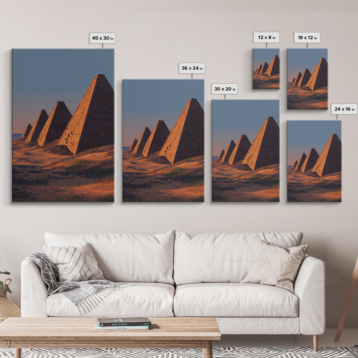 Sunset Nubian Pyramids Canvas Print, African Landscape, Ancient Egypt Inspired Wall Art, Sahara Travel Poster, Home Decor