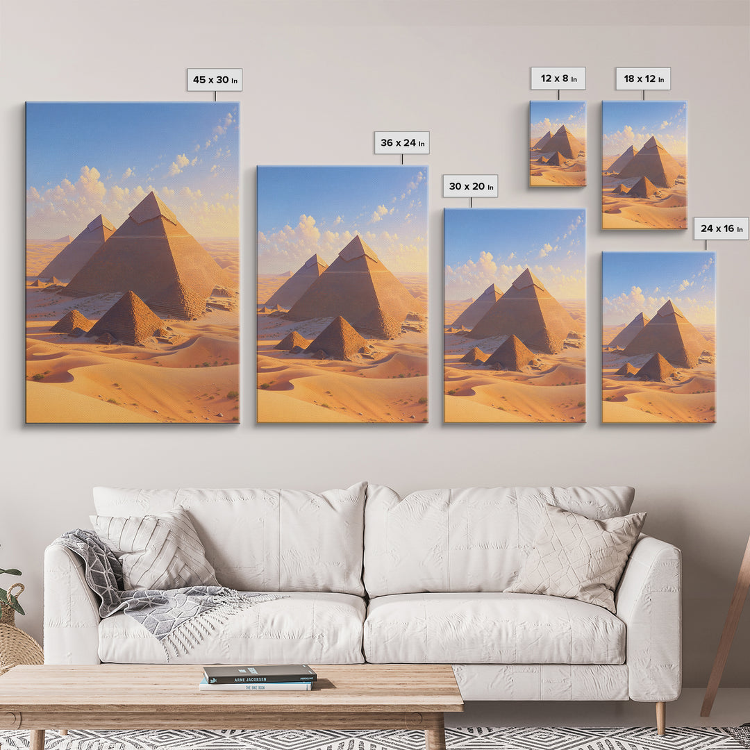 Golden Giza Pyramids In Desert Dunes Framed Canvas Print, African Egyptian Art, Ancient African Wall Decor Gift, Travel Poster