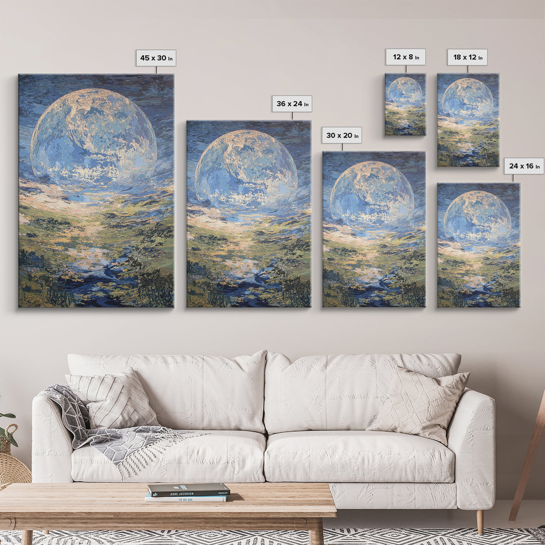 Dreamy Blue Moon Over Ocean Canvas Print, Abstract Landscape Wall Art, Modern Art Poster, Nature Scene Art, Large Decor Gift