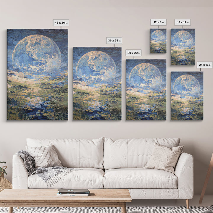 Dreamy Blue Moon Over Ocean Canvas Print, Abstract Landscape Wall Art, Modern Art Poster, Nature Scene Art, Large Decor Gift