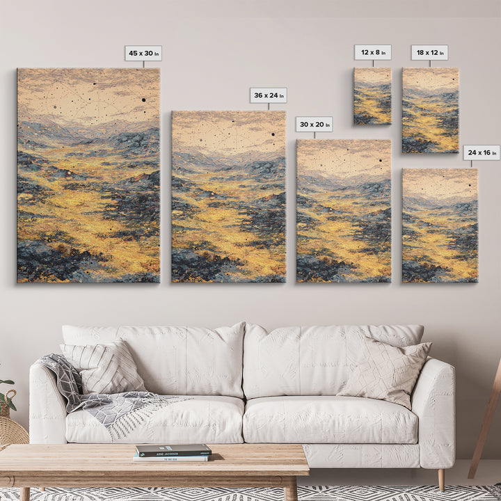 Golden Celestial Valley Framed Canvas Print, Dreamy Wall Art, Abstract Landscape, Spiritual Wall Decor, Modern Art Poster Gift