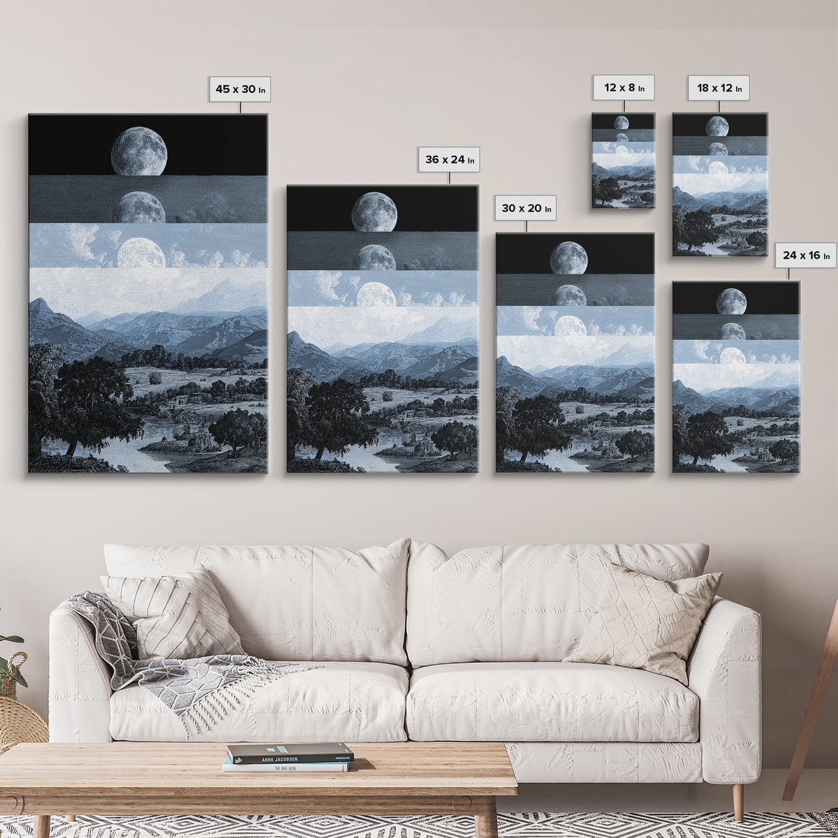 Black And White Moonrise Mountain Wall Art, Large Landscape Canvas Print, Minimalist Art, Modern Wall Decor, Blue Nature Scene Art Gift