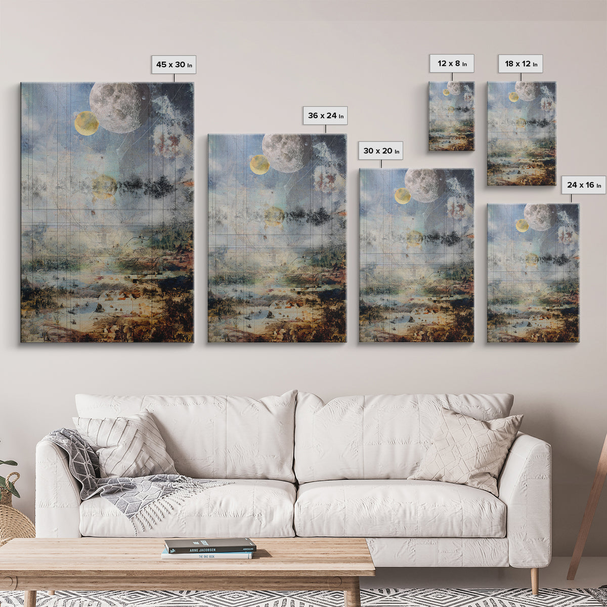 Surreal Lunar Seascape With Pale Moons And Fine Line Geometry Wall Art, Dreamy Abstract Landscape, Modern Blue Home Decor