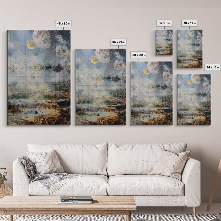 Surreal Lunar Seascape With Pale Moons And Fine Line Geometry Wall Art, Dreamy Abstract Landscape, Modern Blue Home Decor
