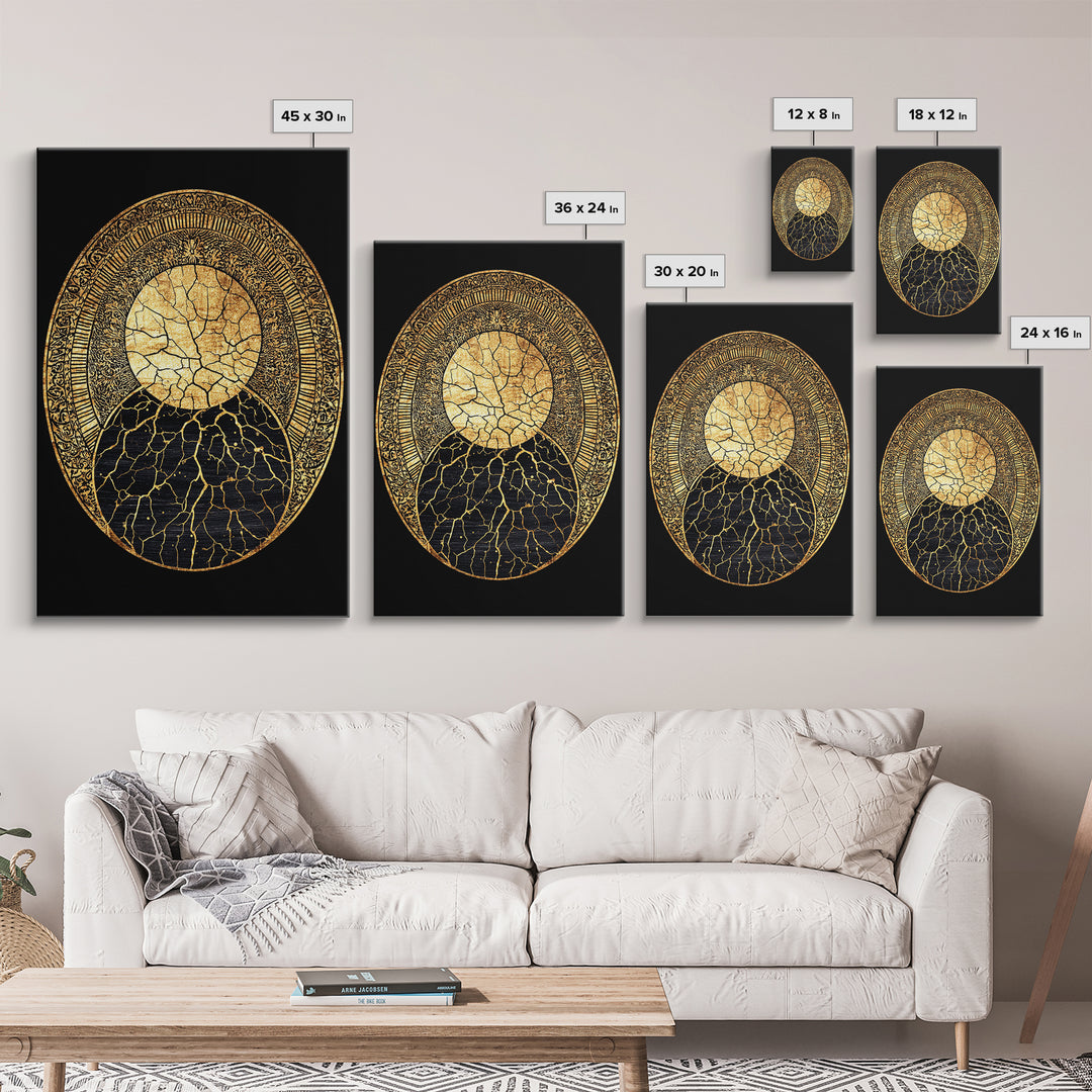 Gold Kintsugi Sun Moon Oval On Black Canvas Print, Spiritual Geometric Art, Luxury Abstract Decor, Mystical Celestial Gift