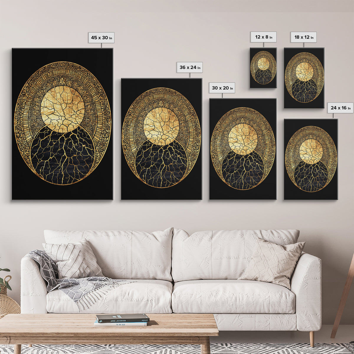 Gold Kintsugi Sun Moon Oval On Black Canvas Print, Spiritual Geometric Art, Luxury Abstract Decor, Mystical Celestial Gift