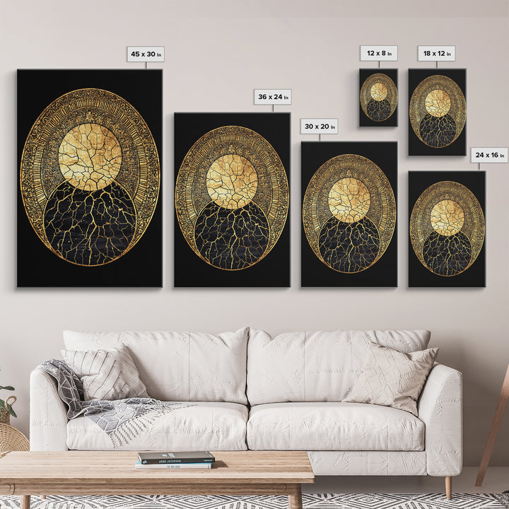 Gold Kintsugi Sun Moon Oval On Black Canvas Print, Spiritual Geometric Art, Luxury Abstract Decor, Mystical Celestial Gift