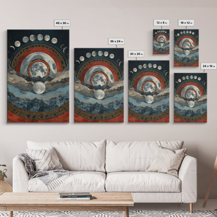 Moon Phase Mountain Mandala With Red Arcs Canvas Print, Spiritual Landscape Wall Decor, Mystical Meditation Home Art Gift