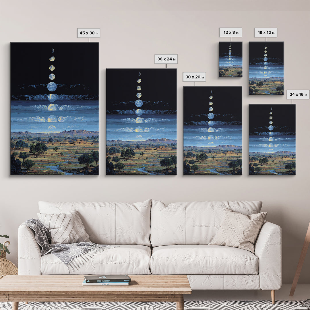 Blue Moon Phases Over African Savanna Landscape Wall Art, Spiritual Safari Decor, Mystical Nature Scene For Living Room Gift