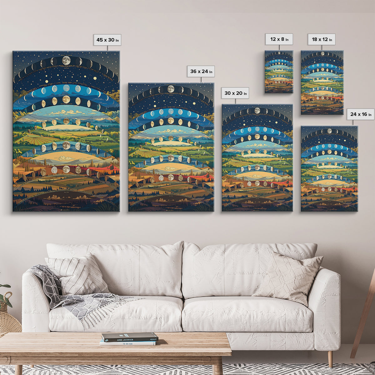 Layered Moon Phase Landscape With Rolling Fields Canvas Print, Dreamy Nature Wall Decor, Modern Boho Art For Living Room