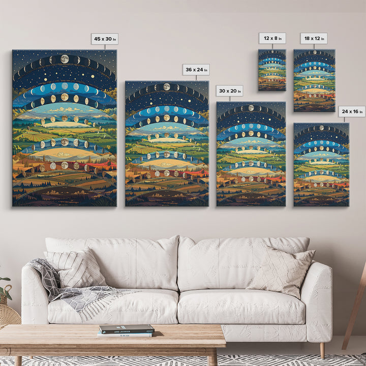 Layered Moon Phase Landscape With Rolling Fields Canvas Print, Dreamy Nature Wall Decor, Modern Boho Art For Living Room
