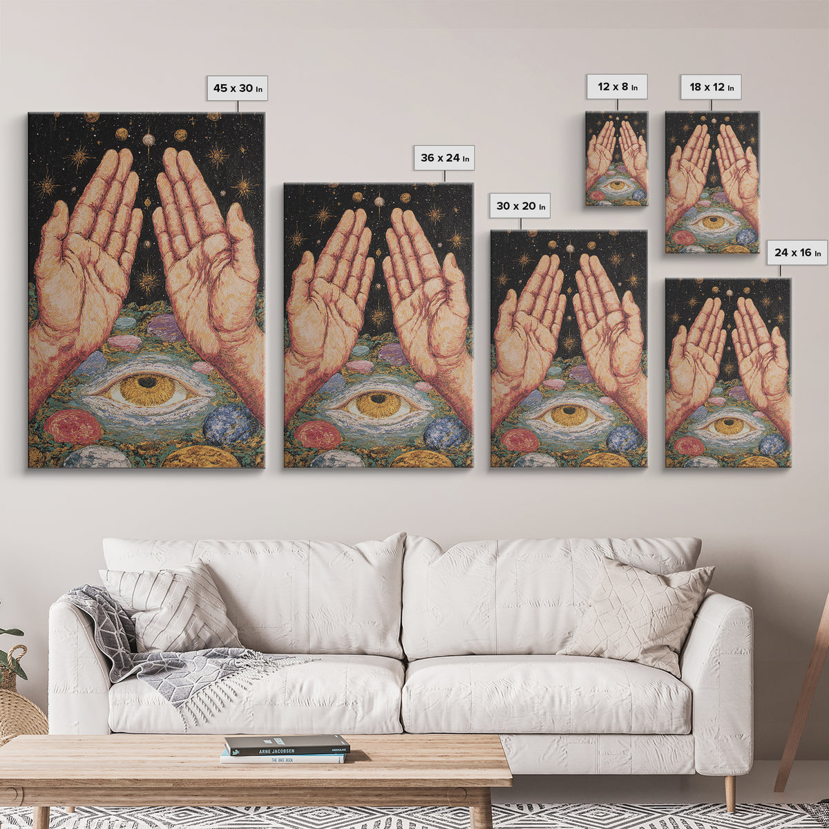 Mystic Open Hands Above All Seeing Eye And Planets Wall Art, Spiritual Meditation Decor, Surreal Occult Unique Home Art Gift