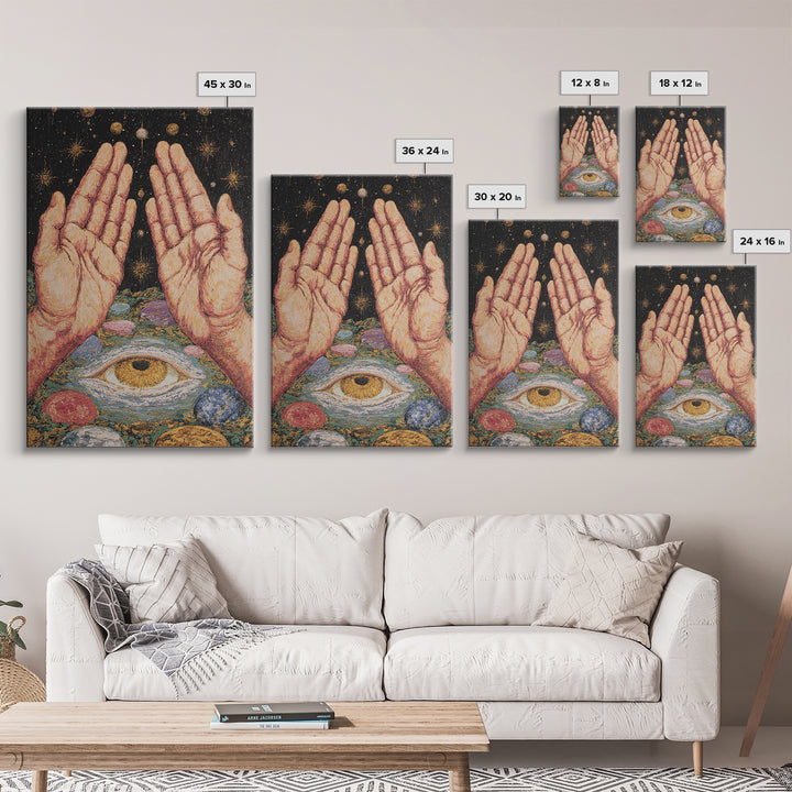 Mystic Open Hands Above All Seeing Eye And Planets Wall Art, Spiritual Meditation Decor, Surreal Occult Unique Home Art Gift