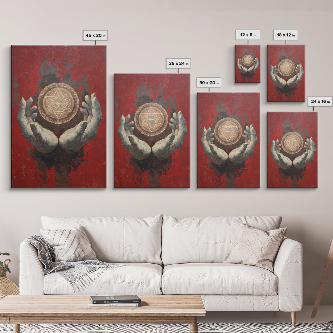 Golden Sacred Geometry In Weathered Hands Wall Art, Mystical Abstract Canvas, Spiritual Home Decor, Red And Gold Artwork