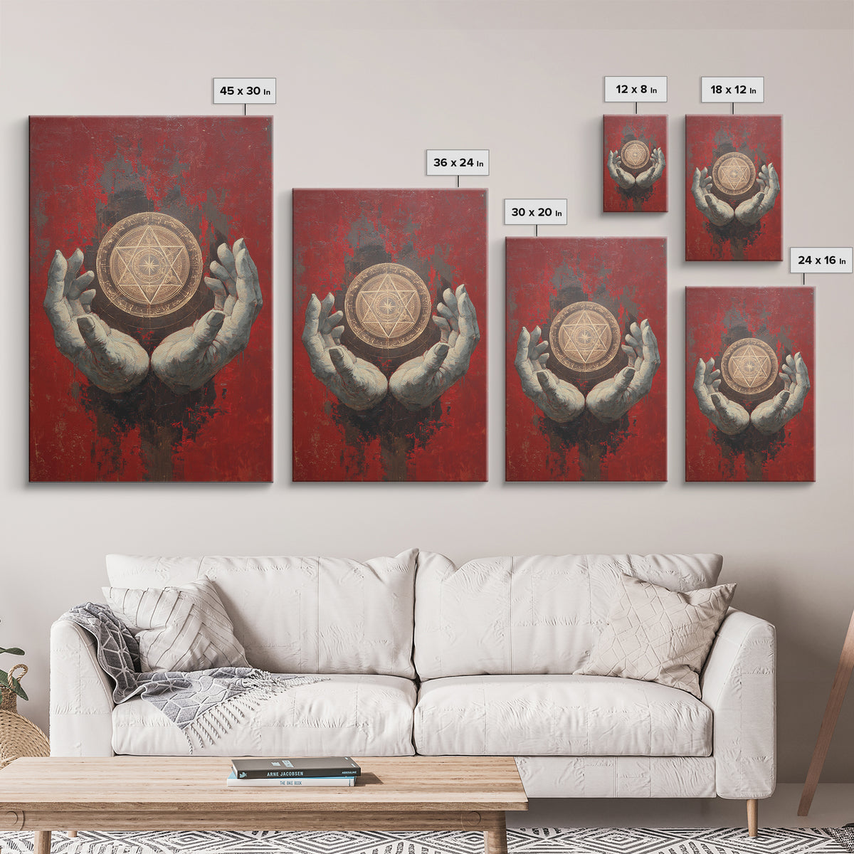 Golden Sacred Geometry In Weathered Hands Wall Art, Mystical Abstract Canvas, Spiritual Home Decor, Red And Gold Artwork