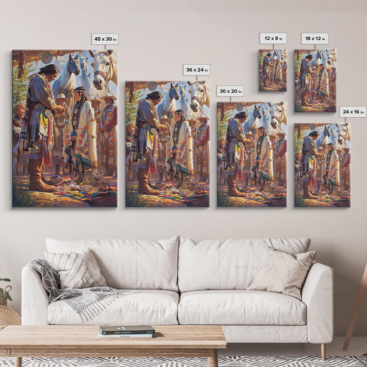 Indigenous Horse Blessing Ceremony Canvas Print, Tribal Cultural Wall Decor, Western Portrait Art, Meaningful Gift For Her