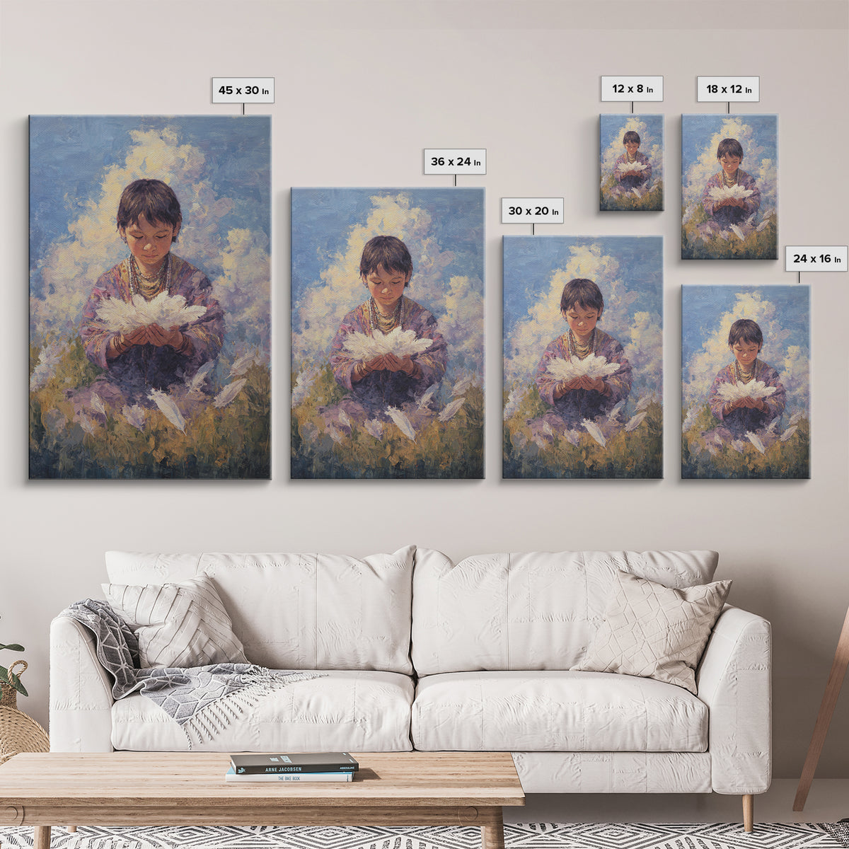 Quiet Child Holding White Feathers Framed Canvas Print, Dreamy Portrait Wall Art, Spiritual Home Decor, Gift For Kids, Soft Blue Painting