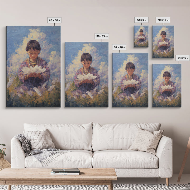 Quiet Child Holding White Feathers Framed Canvas Print, Dreamy Portrait Wall Art, Spiritual Home Decor, Gift For Kids, Soft Blue Painting